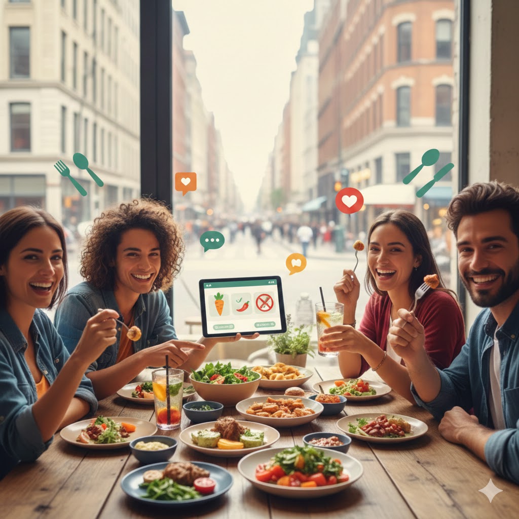 Friends enjoying a meal together while using food preference app